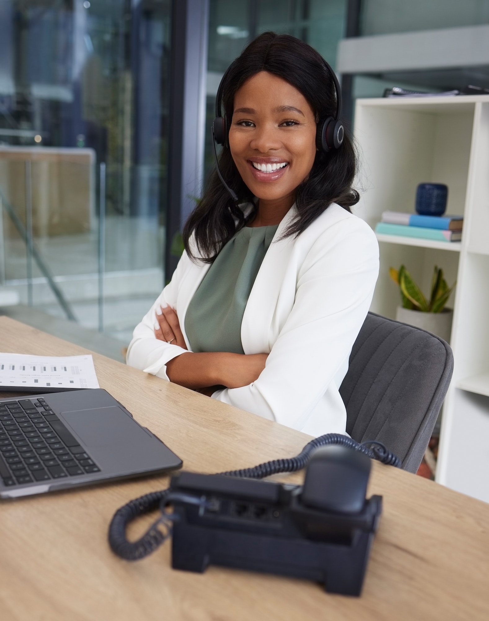 Portrait, black woman arms crossed and call center for customer support, telemarketing and agent in